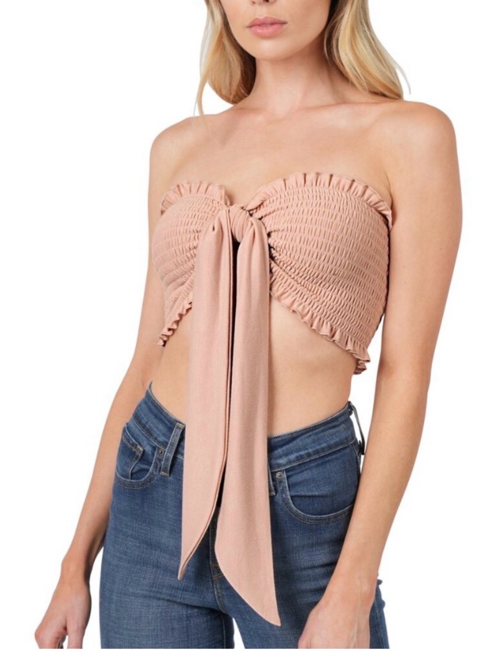 Zenana Outfitters Blush Smocked Tie-Front Bandeau Crop Top
